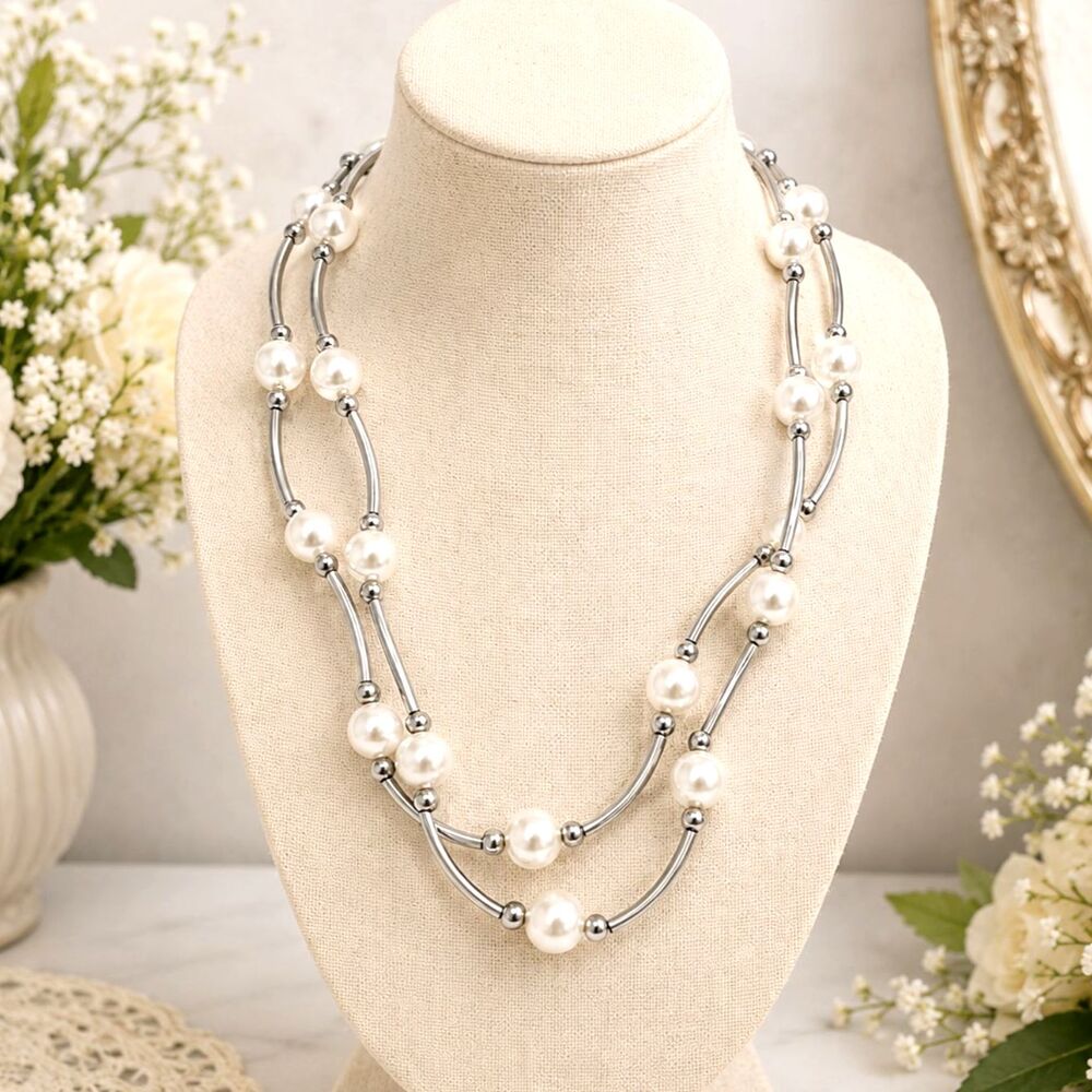 Elegant Silver Tone Curved Bar and Faux Pearl Multi Strand Necklace